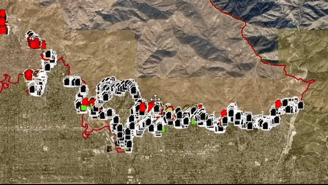 Interactivo incendios Los Ángeles, que sitúa las casas e inmuebles quemados.