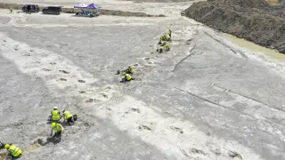 LONDRES (REINO UNIDO), 02/01/2025.- Un grupo de más de 100 investigadores de las Universidades de Oxford y Birmingham ha descubierto el mayor yacimiento de dinosaurios del Reino Unido, con más de 200 huellas que datan del periodo Jurásico Medio, hace 166 millones de años. La excavación, que se llevó a cabo en junio de 2024 en una cantera de Oxfordshire (noroeste de Londres), descubrió cinco extensas huellas de pisadas, con más de 150 metros de longitud en el caso de la más extensa, informó este jueves la Universidad de Birmingham en un comunicado. EFE/ Caroline Wood University Of Oxford SOLO USO EDITORIAL SOLO DISPONIBLE PARA ILUSTRAR LA NOTICIA QUE ACOMPAÑA (CRÉDITO OBLIGATORIO)