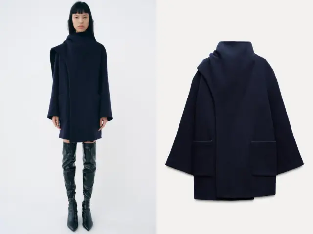 Abrigo bufanda mezcla lana azul marino de Zara.