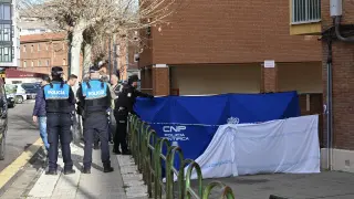 Efectivos policiales en las inmediaciones del lugar en el que un menor ha matado a puñaladas a su padre en plena calle en Palencia.