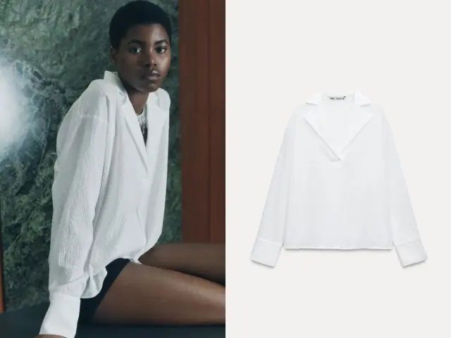 Blusa blanca con cuello solapa de ZW Collection de Zara.