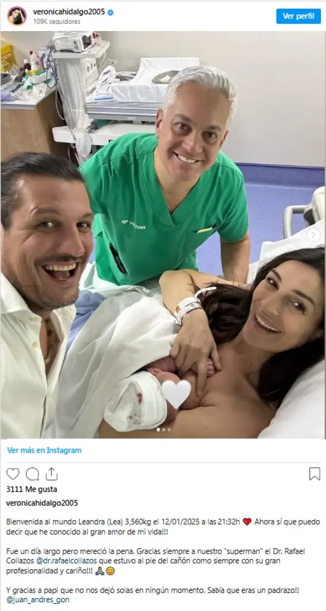 Post de Verónica, confirmando el alumbramiento.