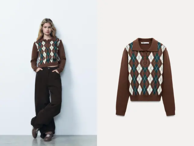 Jersey de rombos en color marrón con cuello polo de Zara.