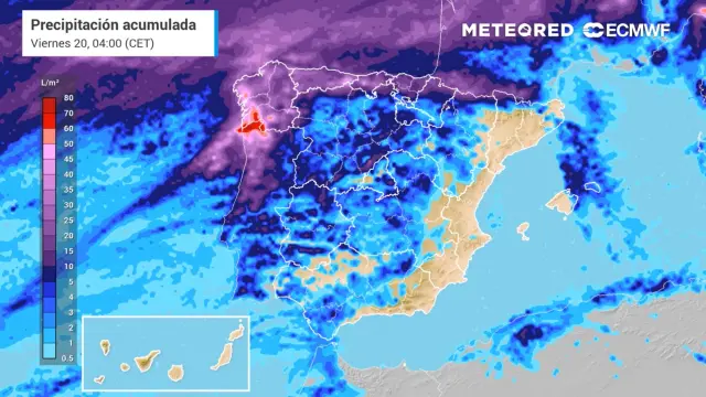 Precipitación acumulada prevista para este viernes 20 de enero.