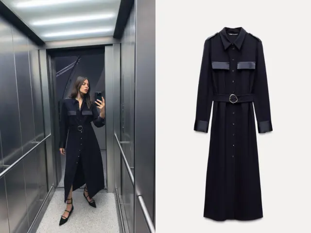 Vestido camisero midi en azul marino de Zara.